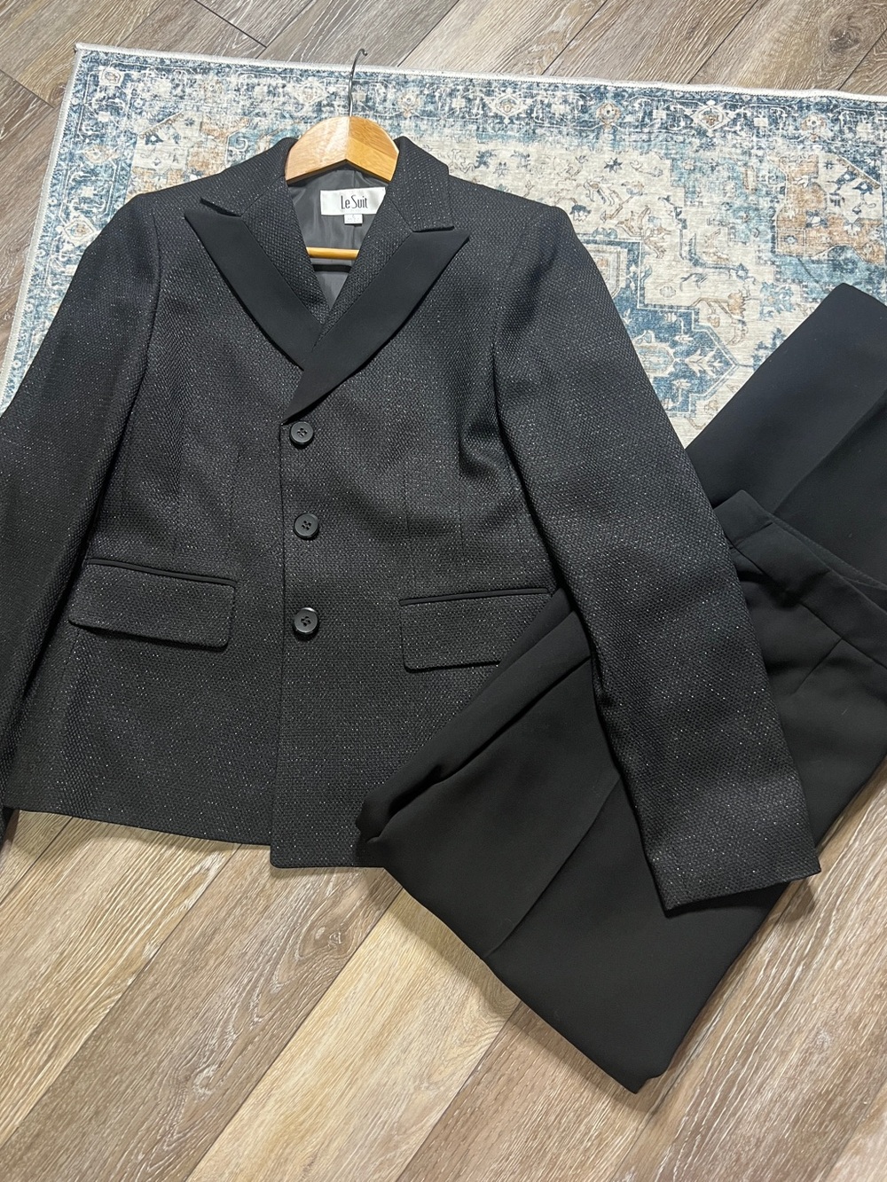 Vintage Le Suit black textured suit blazer with black satin contrast lapels